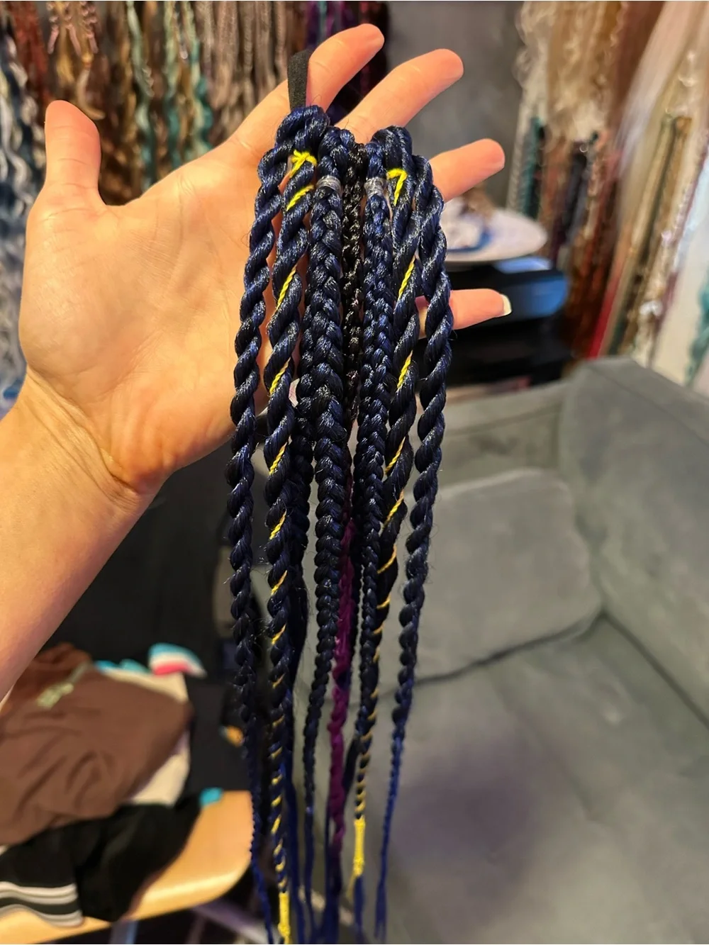 Navy Blue Braided Hair Extensions with Purple & Yellow Accents